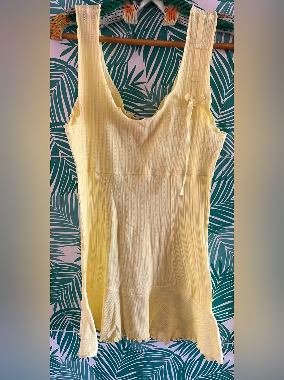 Light Yellow Ribbed Tank Dress with Shoulder Bow by La Vien En Rose Sz L